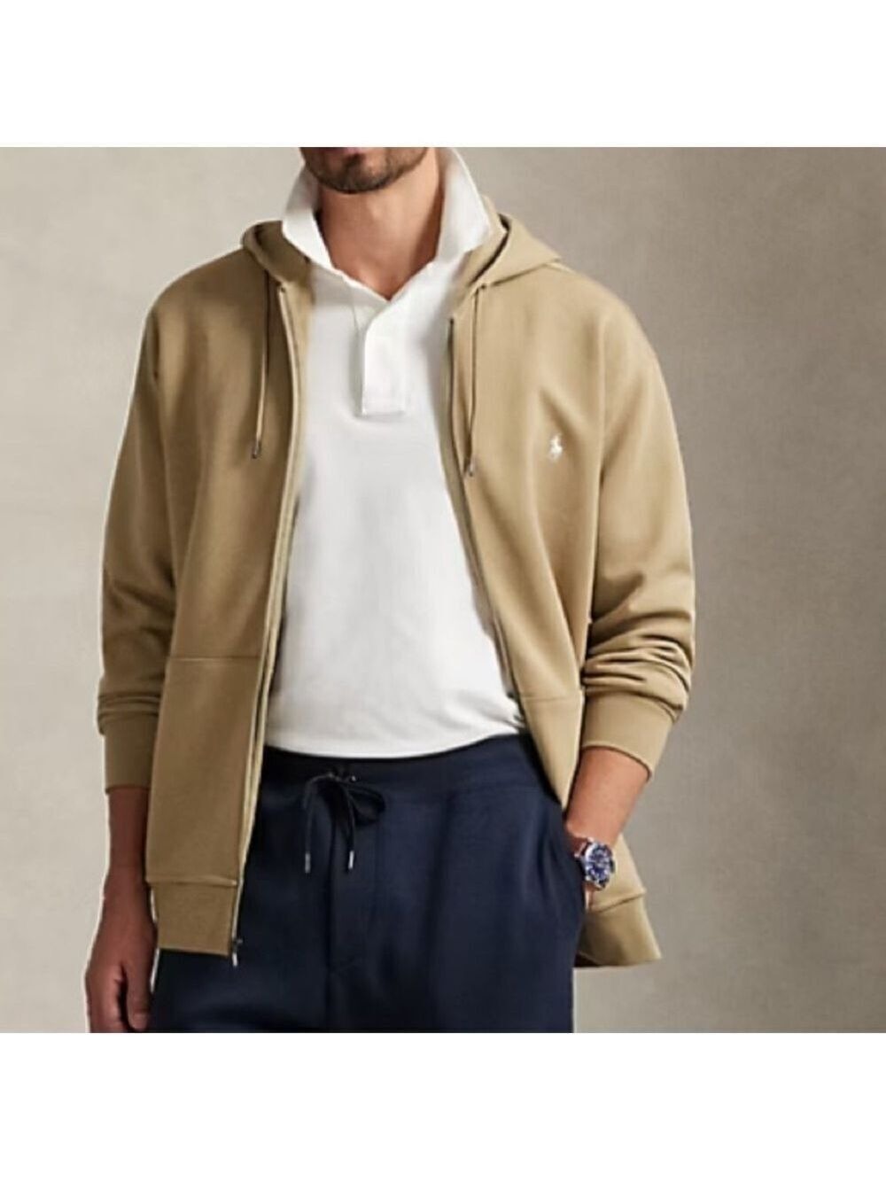 Polo by Ralph Lauren Double-Knit Full-Zip Hoodie lined hood tan size XL
